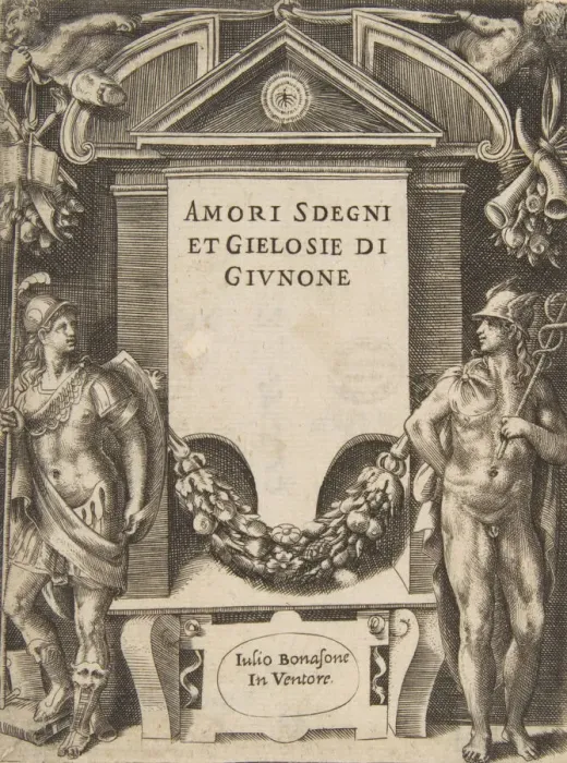 Framed Print : Title plate to the series the Loves, Rages and Jealousies of Juno, 1531-76 Framed Print : Title plate to the series the Loves, Rages and Jealousies of Juno, 1531-76