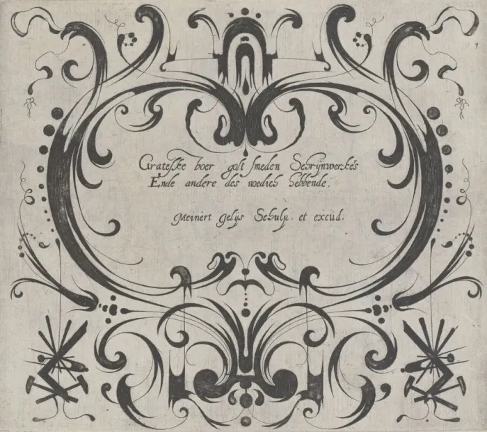 Framed Print : Title for the Print Series Grateske voer golt smeden Schrijnwerkers Ende andere... ca. 1610-1630. Creator: Meinert Gelijs Framed Print : Title for the Print Series Grateske voer golt smeden Schrijnwerkers Ende andere... ca. 1610-1630. Creator: Meinert Gelijs