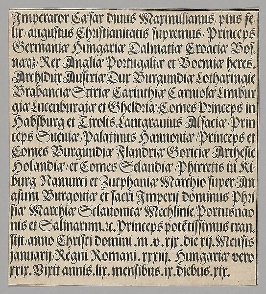 Titles of Emperor Maximilian, from Historical Scenes from the Life of Emperor... printed c. 1520. Creator: Benedictus Chelidonius
