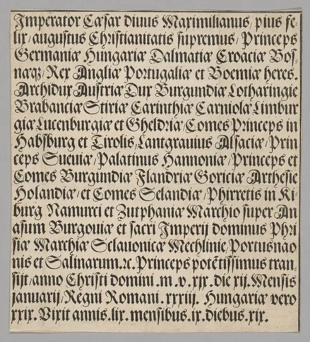 Framed Print : Titles of Emperor Maximilian, from Historical Scenes from the Life of Emperor... printed c. 1520. Creator: Benedictus Chelidonius Framed Print : Titles of Emperor Maximilian, from Historical Scenes from the Life of Emperor... printed c. 1520. Creator: Benedictus Chelidonius