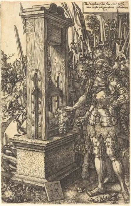Framed Print : Titus Manlius Beheading His Son, 1553. Creator: Heinrich Aldegrever Framed Print : Titus Manlius Beheading His Son, 1553. Creator: Heinrich Aldegrever