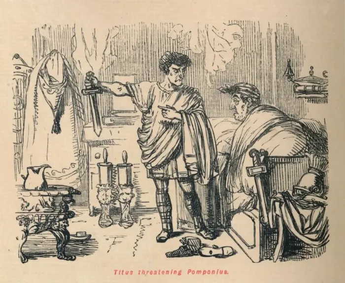 Framed Print : Titus threatening Pomponius, 1852. Artist: John Leech Framed Print : Titus threatening Pomponius, 1852. Artist: John Leech