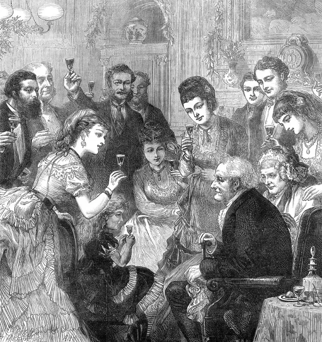 Framed Print : The Toast of the Evening, drawn by A. Hunt, 1872. Creator: Unknown Framed Print : The Toast of the Evening, drawn by A. Hunt, 1872. Creator: Unknown