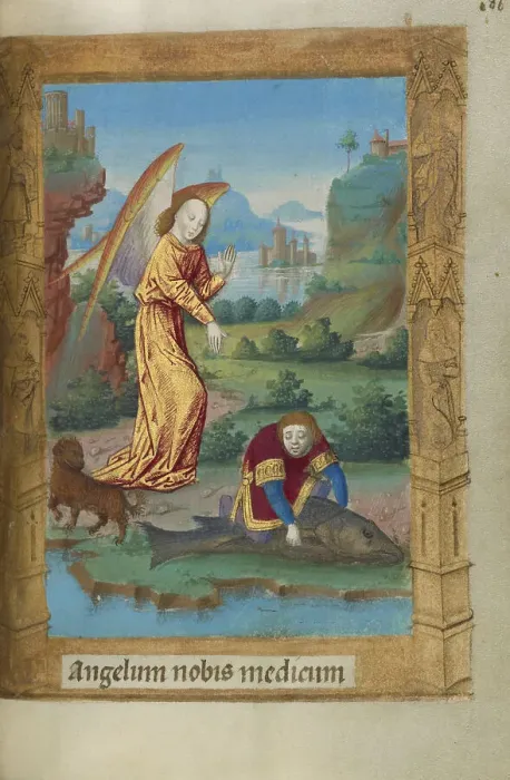 Framed Print : Tobias and the Angel; Book of Hours, 1478. Creator: Master of Guillaume Lambert Framed Print : Tobias and the Angel; Book of Hours, 1478. Creator: Master of Guillaume Lambert