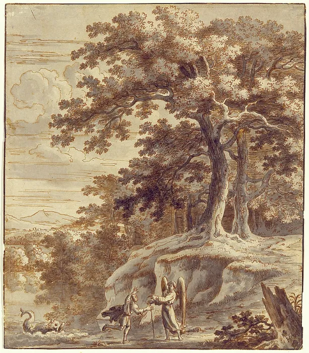 Framed Print : Tobias and the Angel Encountering the Fish, mid-17th century. Creator: Jacques Rousseau Framed Print : Tobias and the Angel Encountering the Fish, mid-17th century. Creator: Jacques Rousseau