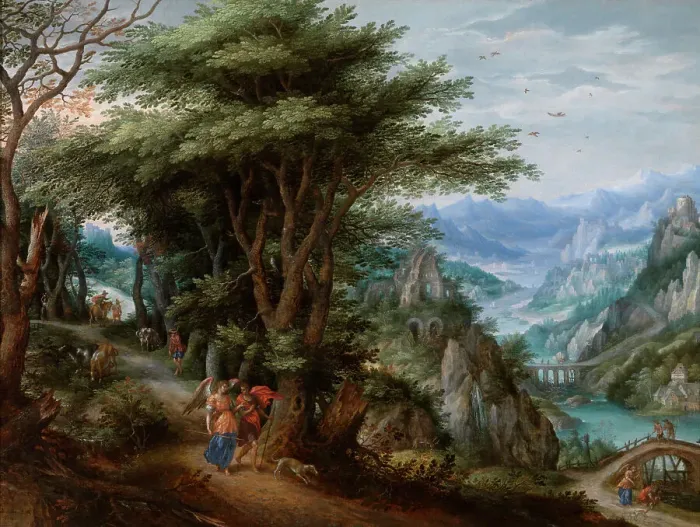 Framed Print : Tobias and the Angel in a Landscape, 1610. Creator: Denys van Alsloot Framed Print : Tobias and the Angel in a Landscape, 1610. Creator: Denys van Alsloot
