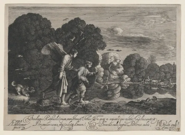 Framed Print : Tobias and the Angel (small plate), 1608. Creator: Hendrik Goudt Framed Print : Tobias and the Angel (small plate), 1608. Creator: Hendrik Goudt