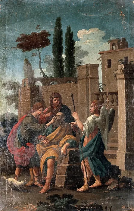 Framed Print : Tobias curing the blindness of Tobit, with Anna and Raphael. Creator: After G. Zocchi Framed Print : Tobias curing the blindness of Tobit, with Anna and Raphael. Creator: After G. Zocchi