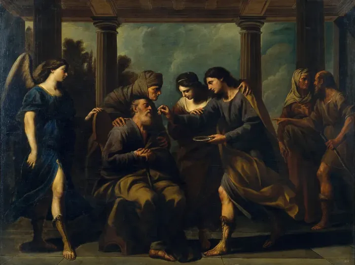 Framed Print : Tobias Healing His Fathers Blindness, c. 1640. Artist: Vaccaro, Andrea (1604-1670) Framed Print : Tobias Healing His Fathers Blindness, c. 1640. Artist: Vaccaro, Andrea (1604-1670)