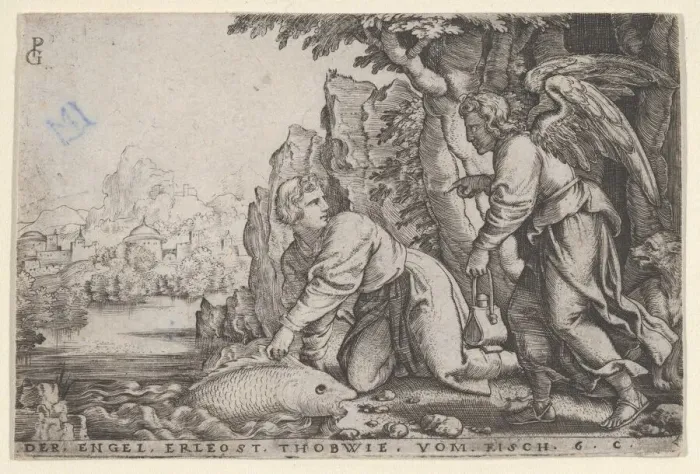 Framed Print : Tobiolus Catches the Fish, from The Story of Tobias, 1543. Creator: Georg Pencz Framed Print : Tobiolus Catches the Fish, from The Story of Tobias, 1543. Creator: Georg Pencz