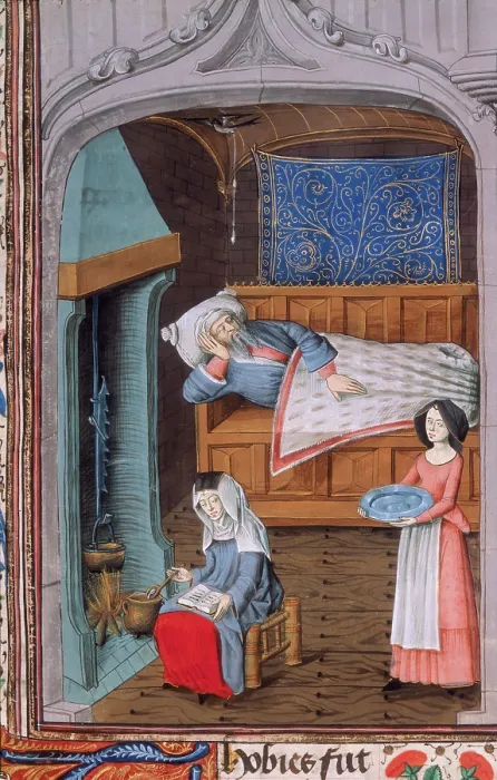 Framed Print : Tobit, blind in bed, attended by two women, c1479 Creator: Unknown Framed Print : Tobit, blind in bed, attended by two women, c1479 Creator: Unknown