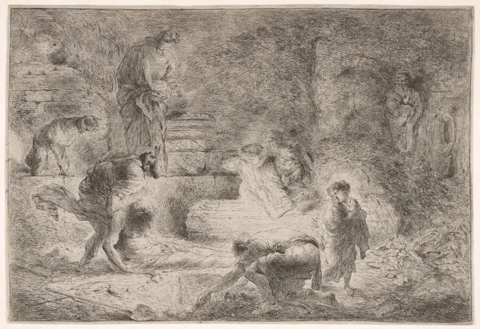 Framed Print : Tobit burying the dead, ca. 1647-51. Creator: Giovanni Benedetto Castiglione Framed Print : Tobit burying the dead, ca. 1647-51. Creator: Giovanni Benedetto Castiglione