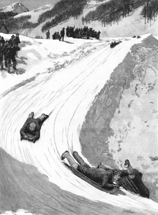 Framed Print : Tobogganing at St. Moritz, Engadine, Switzerland, 1890. Creator: Unknown Framed Print : Tobogganing at St. Moritz, Engadine, Switzerland, 1890. Creator: Unknown