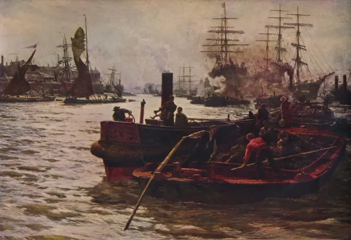 Framed Print : Toil, Glitter, Glime and Wealth, 1883 (1935). Artist: William Lionel Wyllie Framed Print : Toil, Glitter, Glime and Wealth, 1883 (1935). Artist: William Lionel Wyllie