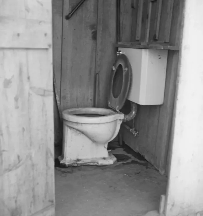 Framed Print : Toilet for ten cabins, men, women... in auto camp... Greenfield, Salinas Valley, CA, 1939. Creator: Dorothea Lange Framed Print : Toilet for ten cabins, men, women... in auto camp... Greenfield, Salinas Valley, CA, 1939. Creator: Dorothea Lange