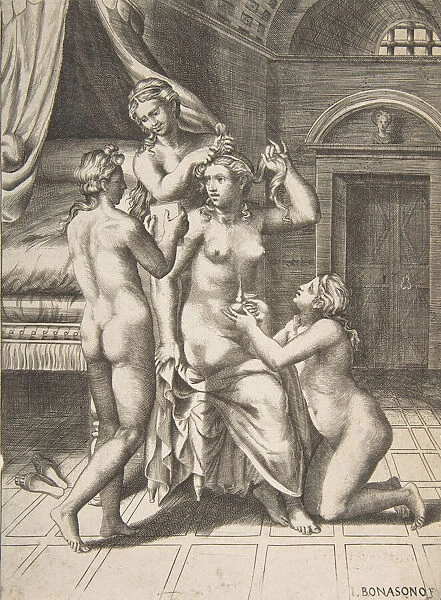 The toilet of Psyche who is seated in the centre being attended to, 1531-76