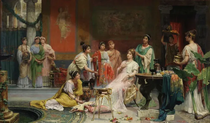 Framed Print : Toilette of a Roman Lady. Artist: Gimenez Martin, Juan (1855-1901) Framed Print : Toilette of a Roman Lady. Artist: Gimenez Martin, Juan (1855-1901)