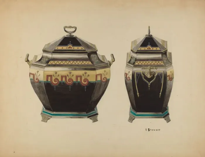 Framed Print : Toleware Coal Vase, c. 1938. Creator: Robert Stewart Framed Print : Toleware Coal Vase, c. 1938. Creator: Robert Stewart