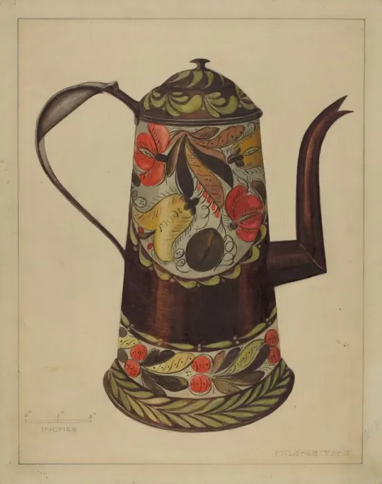 Framed Print : Toleware Coffee Pot, 1935 / 1942. Creator: Mildred Ford Framed Print : Toleware Coffee Pot, 1935 / 1942. Creator: Mildred Ford