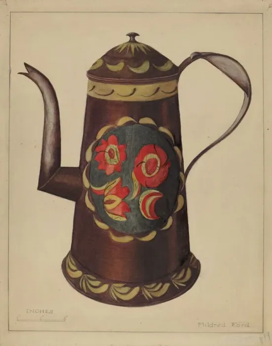 Framed Print : Toleware Coffee Pot, 1935 / 1942. Creator: Mildred Ford Framed Print : Toleware Coffee Pot, 1935 / 1942. Creator: Mildred Ford