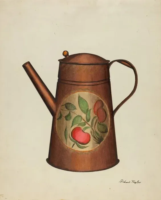 Framed Print : Toleware Coffee Pot, c. 1940. Creator: Richard Taylor Framed Print : Toleware Coffee Pot, c. 1940. Creator: Richard Taylor