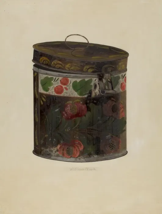 Framed Print : Toleware Tin Cannister, c. 1937. Creator: William Frank Framed Print : Toleware Tin Cannister, c. 1937. Creator: William Frank