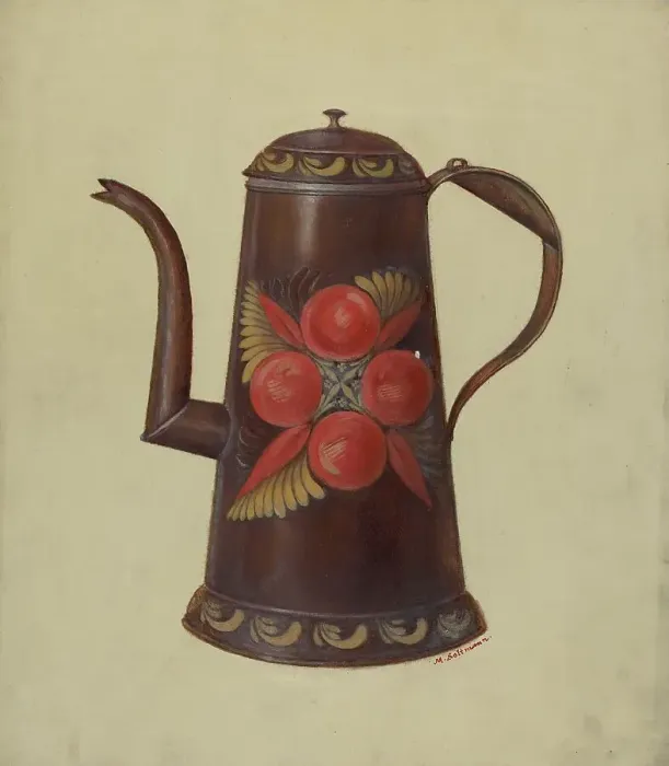 Framed Print : Toleware Tin Coffee Pot, c. 1936. Creator: Max Soltmann Framed Print : Toleware Tin Coffee Pot, c. 1936. Creator: Max Soltmann