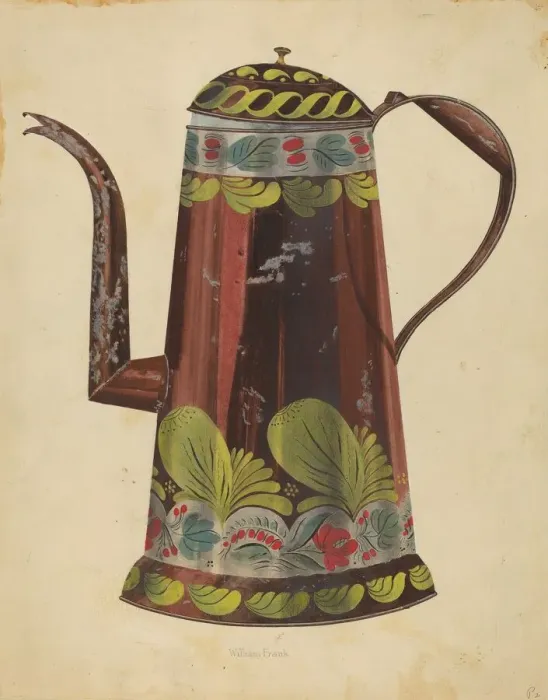 Framed Print : Toleware Tin Coffee Pot, c. 1937. Creator: William Frank Framed Print : Toleware Tin Coffee Pot, c. 1937. Creator: William Frank