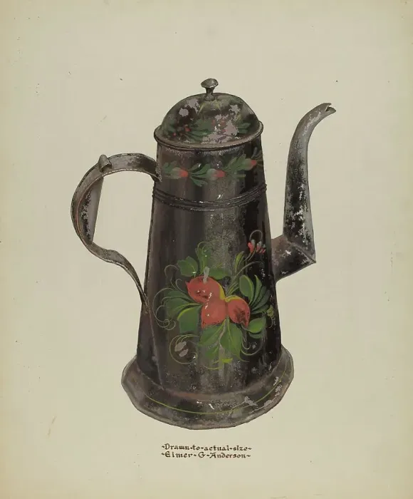 Framed Print : Toleware Tin Coffee Pot, c. 1937. Creator: Elmer G Anderson Framed Print : Toleware Tin Coffee Pot, c. 1937. Creator: Elmer G Anderson