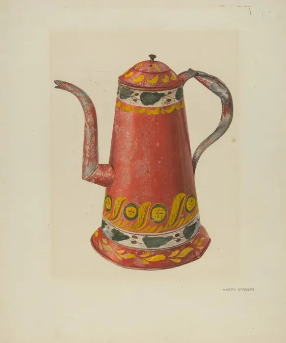 Framed Print : Toleware Tin Coffee Pot, c. 1938. Creator: Harry Grossen Framed Print : Toleware Tin Coffee Pot, c. 1938. Creator: Harry Grossen