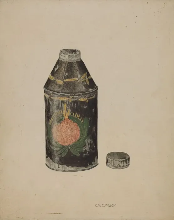 Framed Print : Toleware Tin Tea Caddy, c. 1940. Creator: Clarence W Dawson Framed Print : Toleware Tin Tea Caddy, c. 1940. Creator: Clarence W Dawson