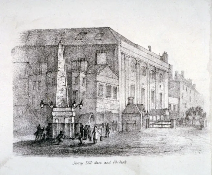 Framed Print : Toll gate and obelisk at St Georges Circus, Southwark, London, c1830 Framed Print : Toll gate and obelisk at St Georges Circus, Southwark, London, c1830