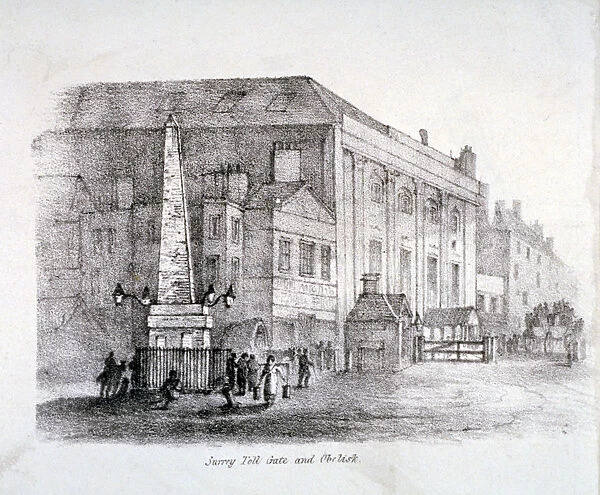 Toll gate and obelisk at St Georges Circus, Southwark, London, c1830