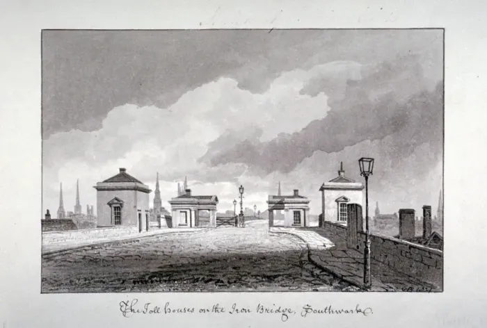 Framed Print : Toll houses on Southwark Bridge, London, 1827. Artist: John Chessell Buckler Framed Print : Toll houses on Southwark Bridge, London, 1827. Artist: John Chessell Buckler
