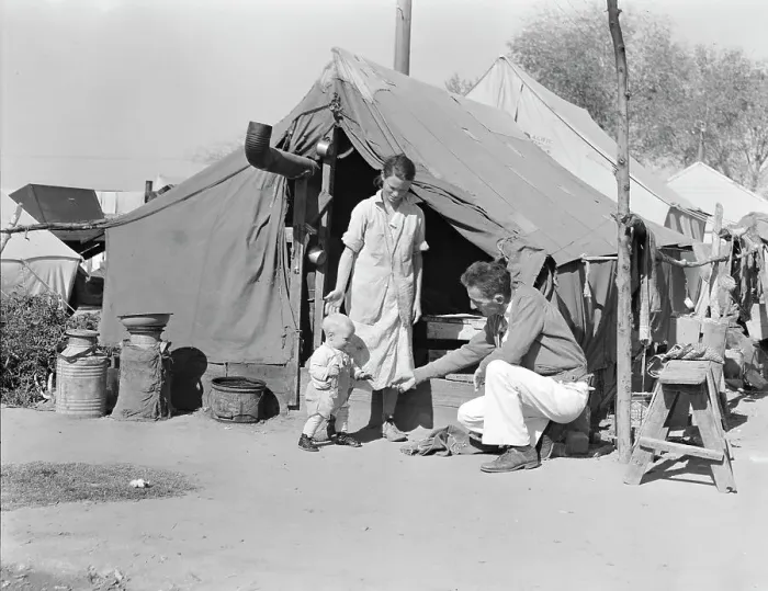 Framed Print : Tom Collins, manager of Kern migrant camp, with drought refugee family, California, 1936. Creator: Dorothea Lange Framed Print : Tom Collins, manager of Kern migrant camp, with drought refugee family, California, 1936. Creator: Dorothea Lange