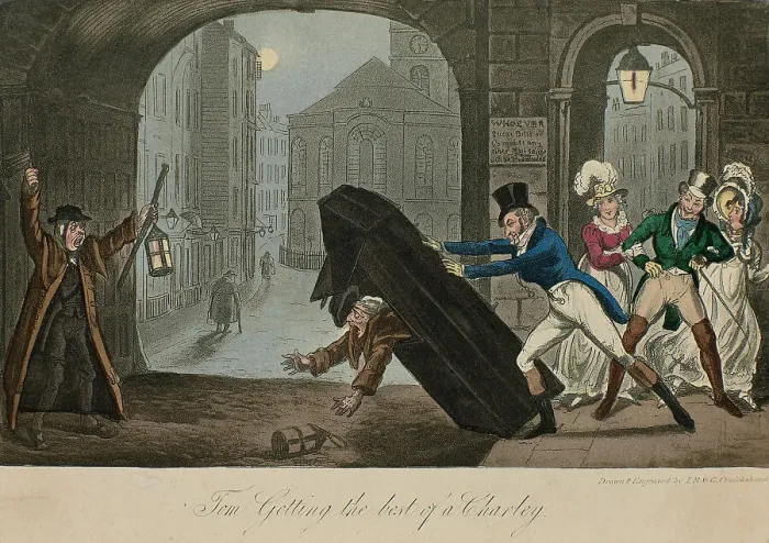 Framed Print : Tom Getting the best of a Charley. Illustration to Life in London by Pierce Egan, 1820. Creator: Cruikshank, George (1792-1878)