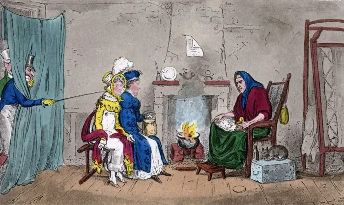 Framed Print : Tom and Jerry, catching Kate and Sue on the fly, having their fortunes told, 19th century. Artist: Isaac Robert Cruikshank