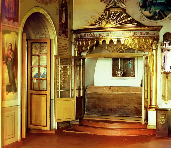 Framed Print : Tomb of boyar Mikhail Nikitich Romanov in the winter church in the village of Nyrob... 1910. Creator: Sergey Mikhaylovich Prokudin-Gorsky Framed Print : Tomb of boyar Mikhail Nikitich Romanov in the winter church in the village of Nyrob... 1910. Creator: Sergey Mikhaylovich Prokudin-Gorsky