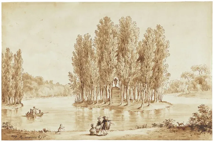 Framed Print : Tomb of Jean Jacques Rousseau, Park of Ermenonville, 1778. Creator: Jean-Michel Moreau Framed Print : Tomb of Jean Jacques Rousseau, Park of Ermenonville, 1778. Creator: Jean-Michel Moreau