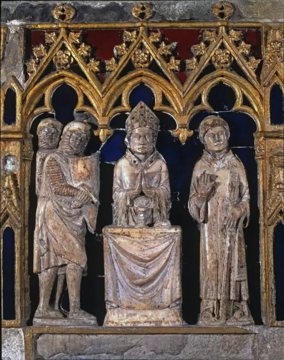 Framed Print : Tomb of Saint Narcissus. Front detail with Saint Narcissus saying Mass between warriors