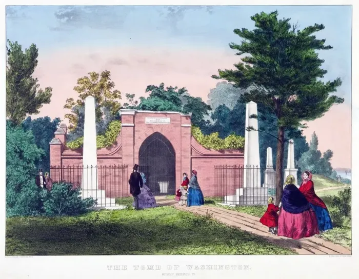 Framed Print : The Tomb of Washington, Mount Vernon, Va. pub. c1857 (colour lithograph). Creator Framed Print : The Tomb of Washington, Mount Vernon, Va. pub. c1857 (colour lithograph). Creator