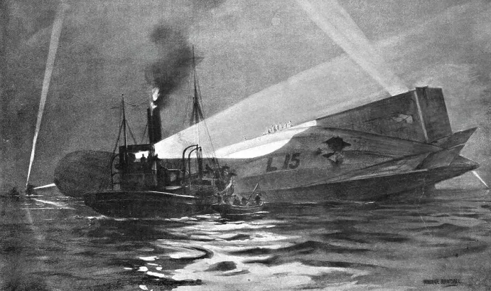 Framed Print : Tombe a la Mer; L'equipage du zeppelin L-15, atteint d'un obus a l'arriere, au cours d'un raid sur Creator: Unknown Framed Print : Tombe a la Mer; L'equipage du zeppelin L-15, atteint d'un obus a l'arriere, au cours d'un raid sur Creator: Unknown