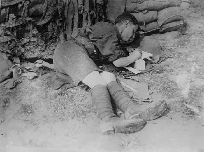 Framed Print : Tommy writing home after battle, 11 Jun 1917. Creator: Bain News Service Framed Print : Tommy writing home after battle, 11 Jun 1917. Creator: Bain News Service