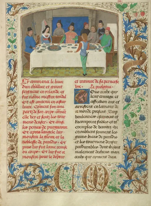 Framed Print : Tondal Suffers a Seizure at Dinner; Les Visions du chevalier Tondal, 1475. Creator: Simon Marmion Framed Print : Tondal Suffers a Seizure at Dinner; Les Visions du chevalier Tondal, 1475. Creator: Simon Marmion