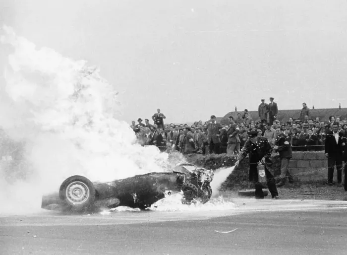 Framed Print : Tony Brooks car on fire at the British Grand Prix, Silverstone, Northamptonshire, 1956 Framed Print : Tony Brooks car on fire at the British Grand Prix, Silverstone, Northamptonshire, 1956