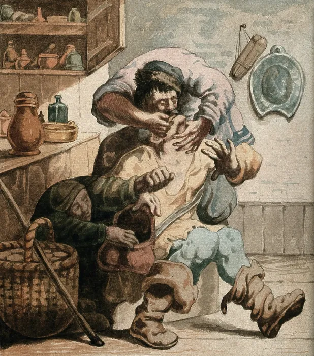 Framed Print : A tooth-drawer extracting a tooth from a seated patient while a woman steals from his bag, c1610s. Creator: Unknown Framed Print : A tooth-drawer extracting a tooth from a seated patient while a woman steals from his bag, c1610s. Creator: Unknown