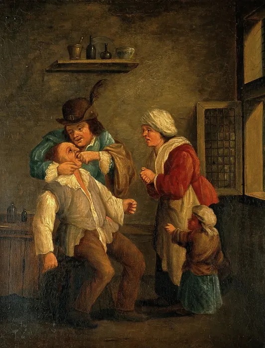 Framed Print : A tooth-drawer operating on a man, with a woman and child looking on. Creator: Both, Andries Dirksz, approximately 1608-1641? (After) Framed Print : A tooth-drawer operating on a man, with a woman and child looking on. Creator: Both, Andries Dirksz, approximately 1608-1641? (After)