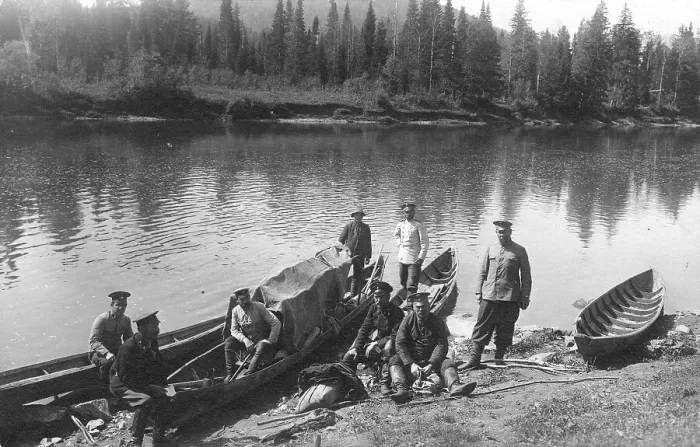 Framed Print : Topographers by the Boats on the Mrassu River Shore, Near the Ust'-Kabyrza Ulus, 1913. Creator: GI Ivanov Framed Print : Topographers by the Boats on the Mrassu River Shore, Near the Ust'-Kabyrza Ulus, 1913. Creator: GI Ivanov