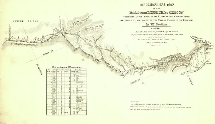Framed Print : Topographical map of the road from Missouri to Oregon, commencing at the mouth of the Kansas...1846 Creators: John C Fremont, Charles Preuss Framed Print : Topographical map of the road from Missouri to Oregon, commencing at the mouth of the Kansas...1846 Creators: John C Fremont, Charles Preuss