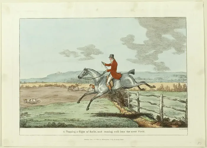Framed Print : Topping a Flight of Rails, and Coming Well into the Next Field, plate two from... pub June 24, 1811 Creator: Robert Frankland Framed Print : Topping a Flight of Rails, and Coming Well into the Next Field, plate two from... pub June 24, 1811 Creator: Robert Frankland